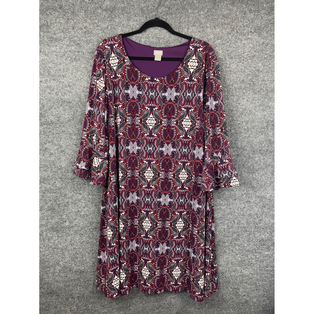 Chico's Shift Dress Womens 4‎ 20/22 Purple Excellent Paisley Bell Sleeve
